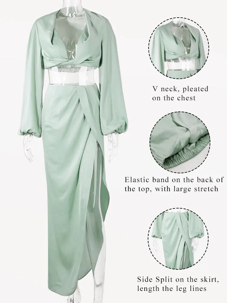 Satin High Split Puff Sleeve Two Piece Dress