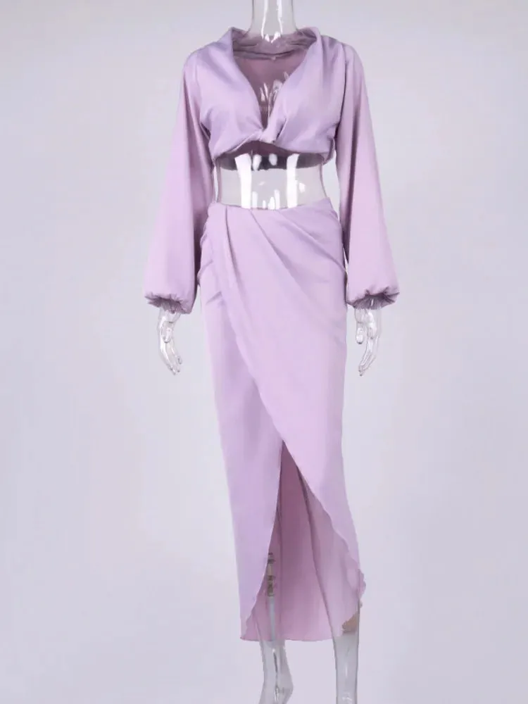 Satin High Split Puff Sleeve Two Piece Dress