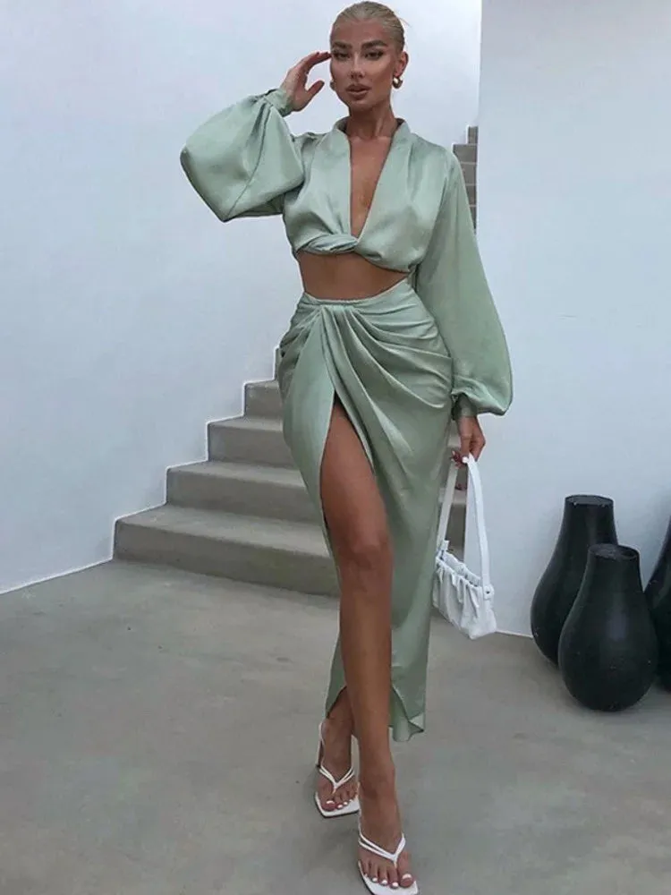 Satin High Split Puff Sleeve Two Piece Dress