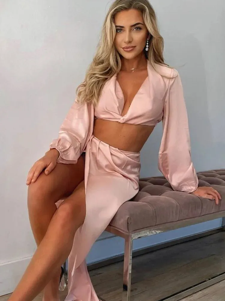 Satin High Split Puff Sleeve Two Piece Dress