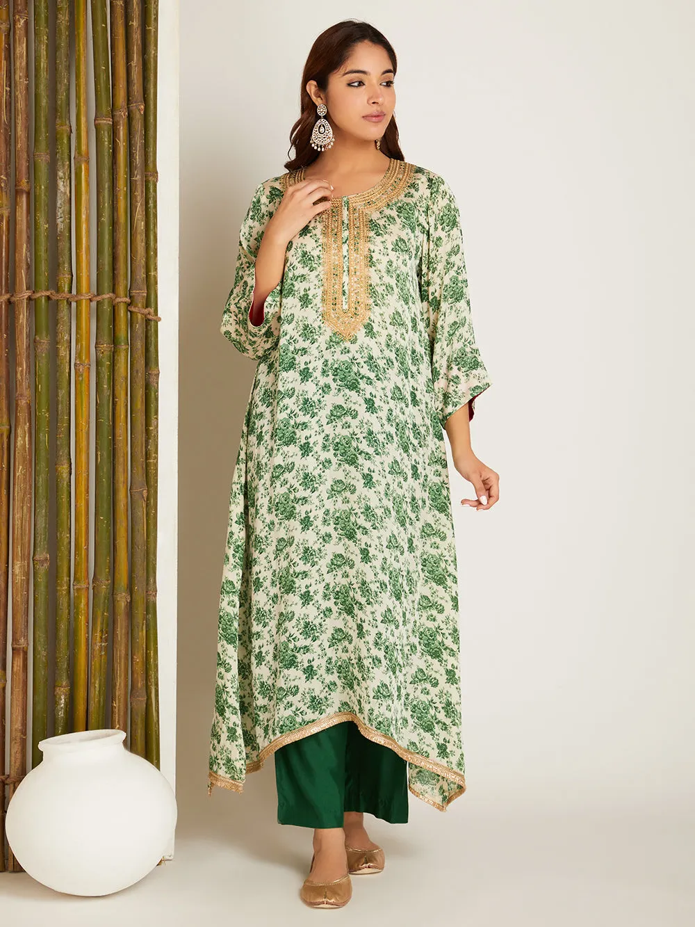 SATIN KURTA SET GREEN