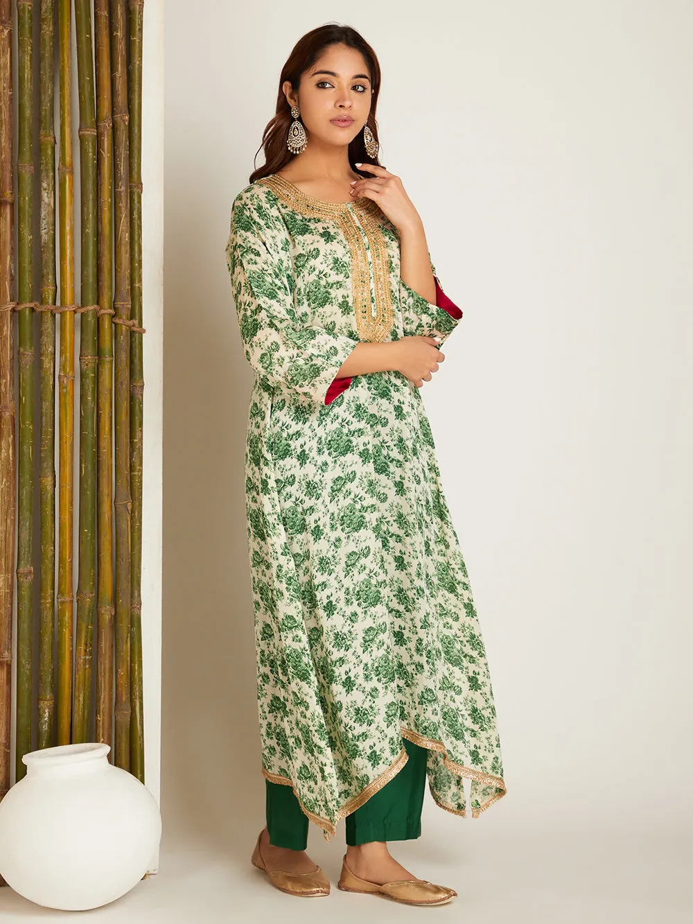 SATIN KURTA SET GREEN