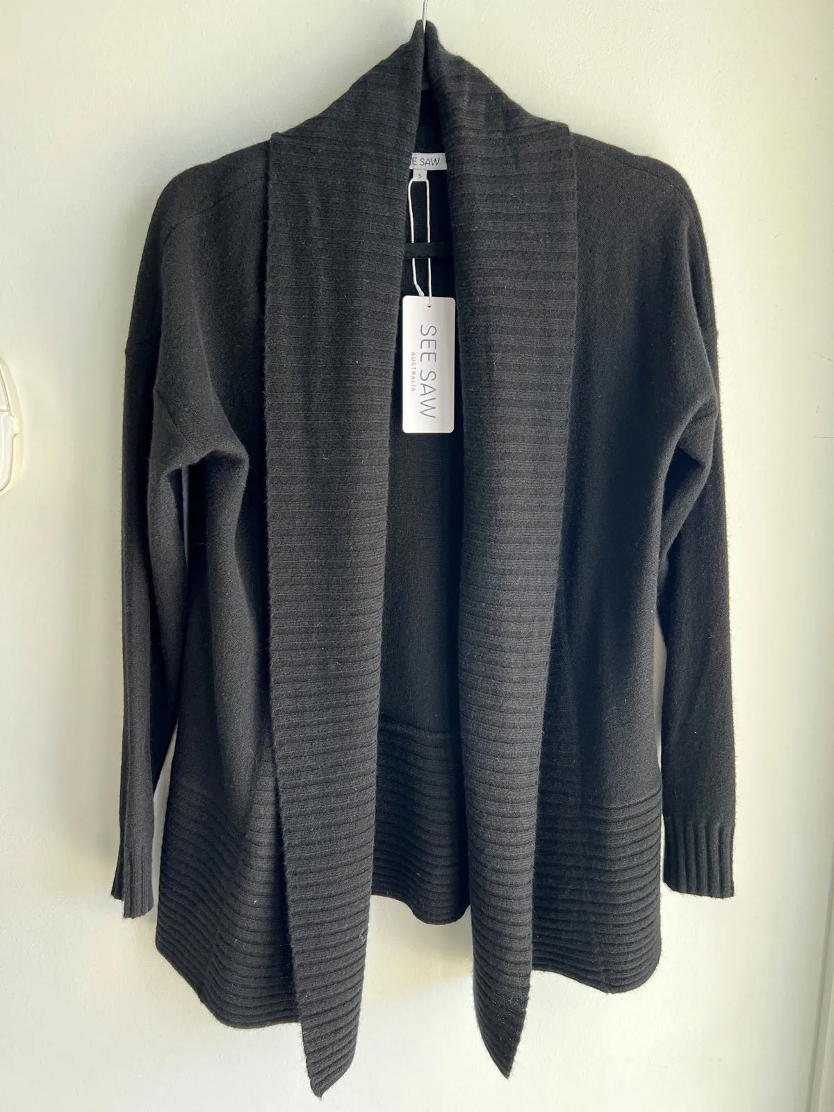 SEE SAW - Black Rib Shawl Open Cardigan - SS202
