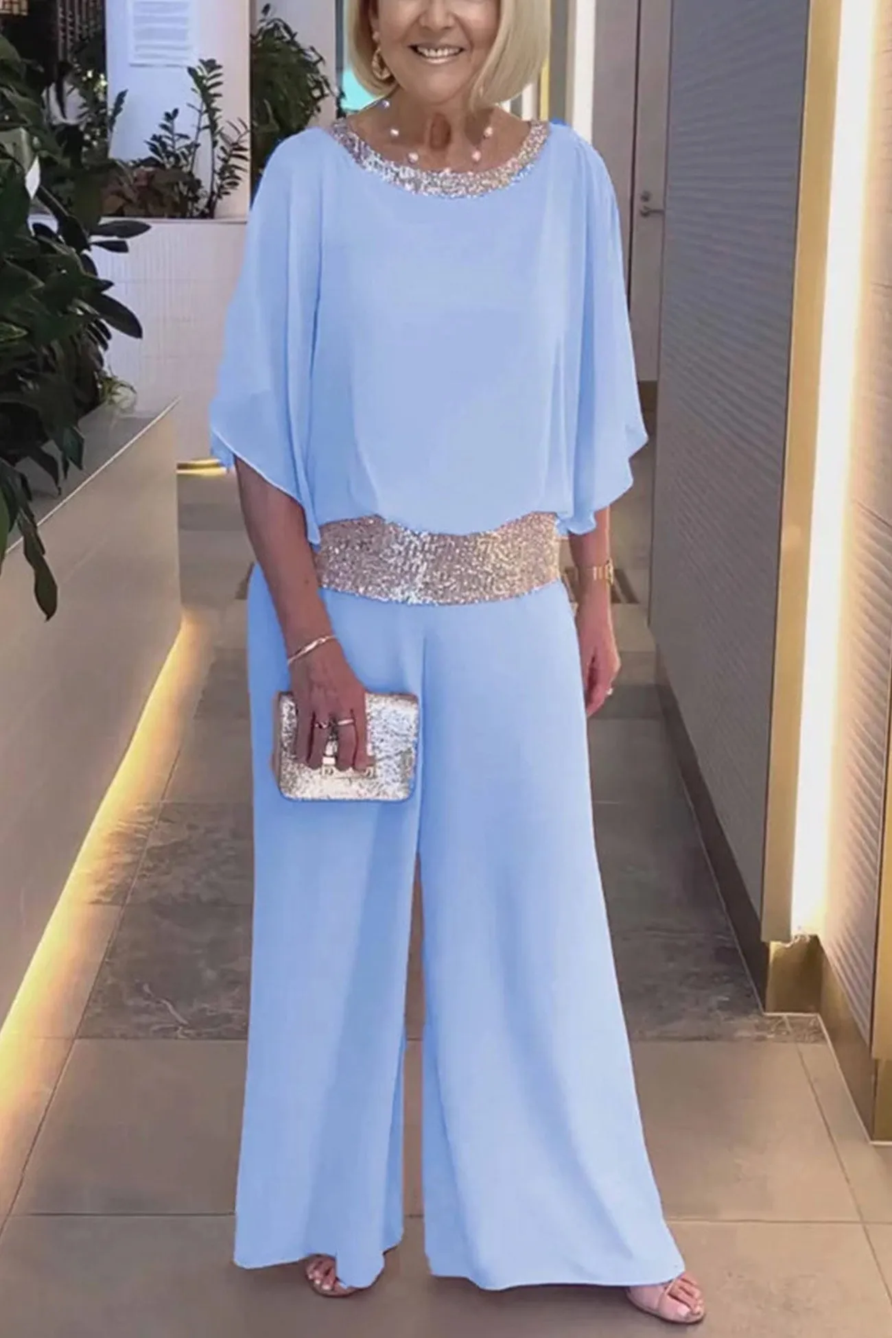 Sequins Patchwork Bat Sleeve Tops Pants Suits