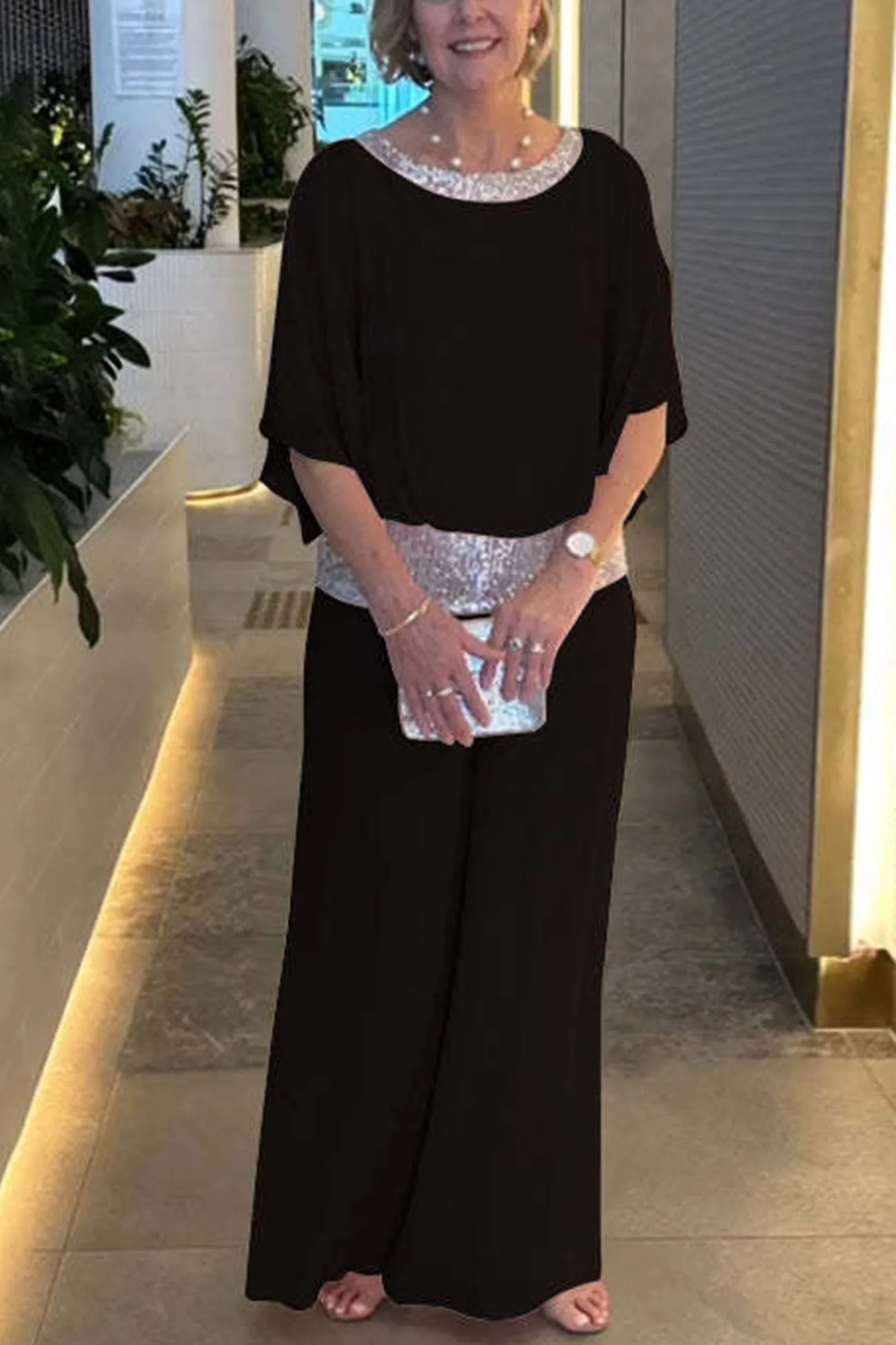 Sequins Patchwork Bat Sleeve Tops Pants Suits
