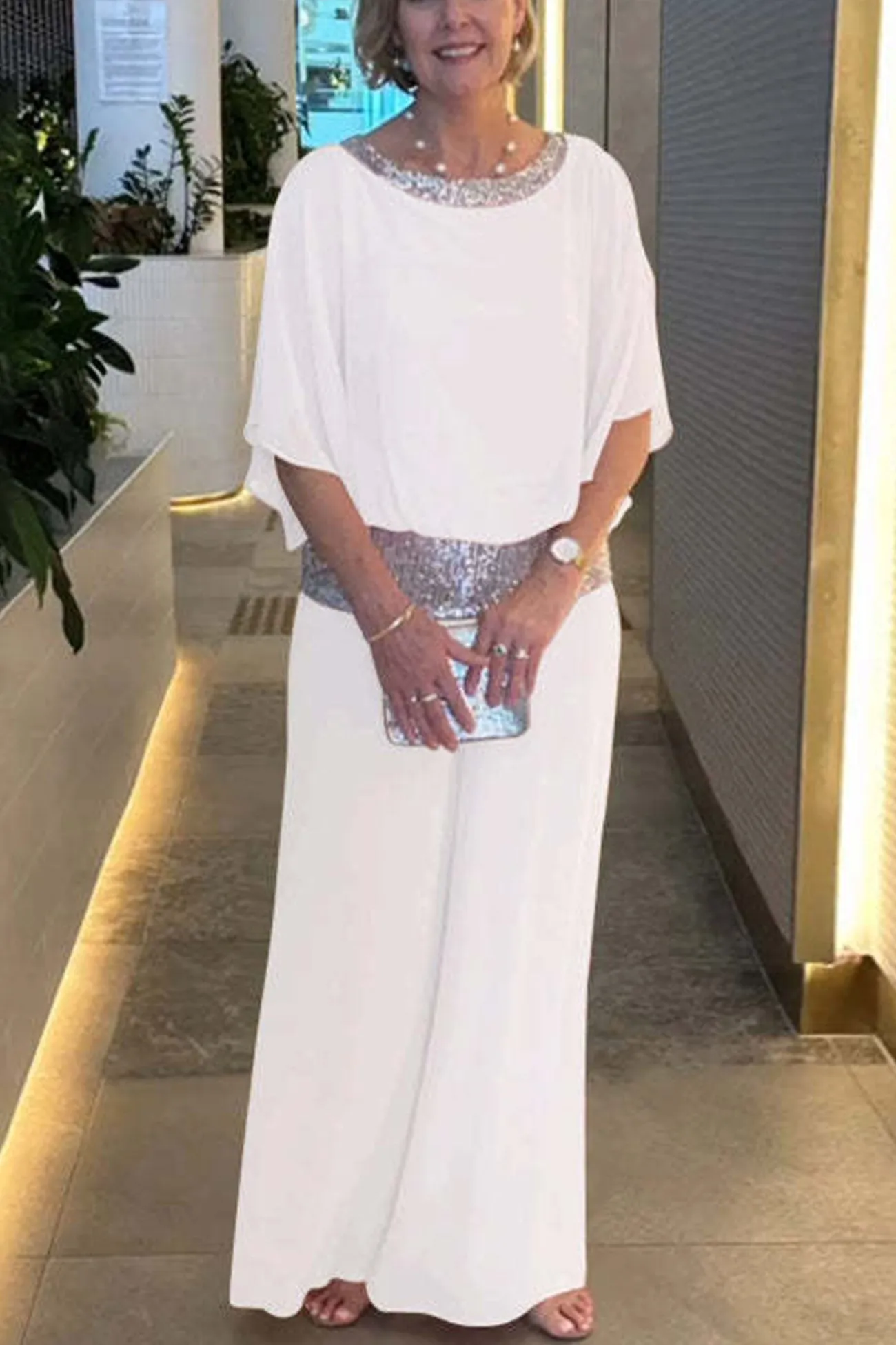 Sequins Patchwork Bat Sleeve Tops Pants Suits