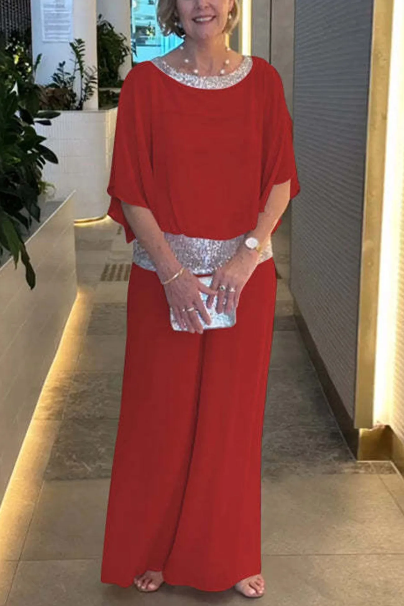 Sequins Patchwork Bat Sleeve Tops Pants Suits