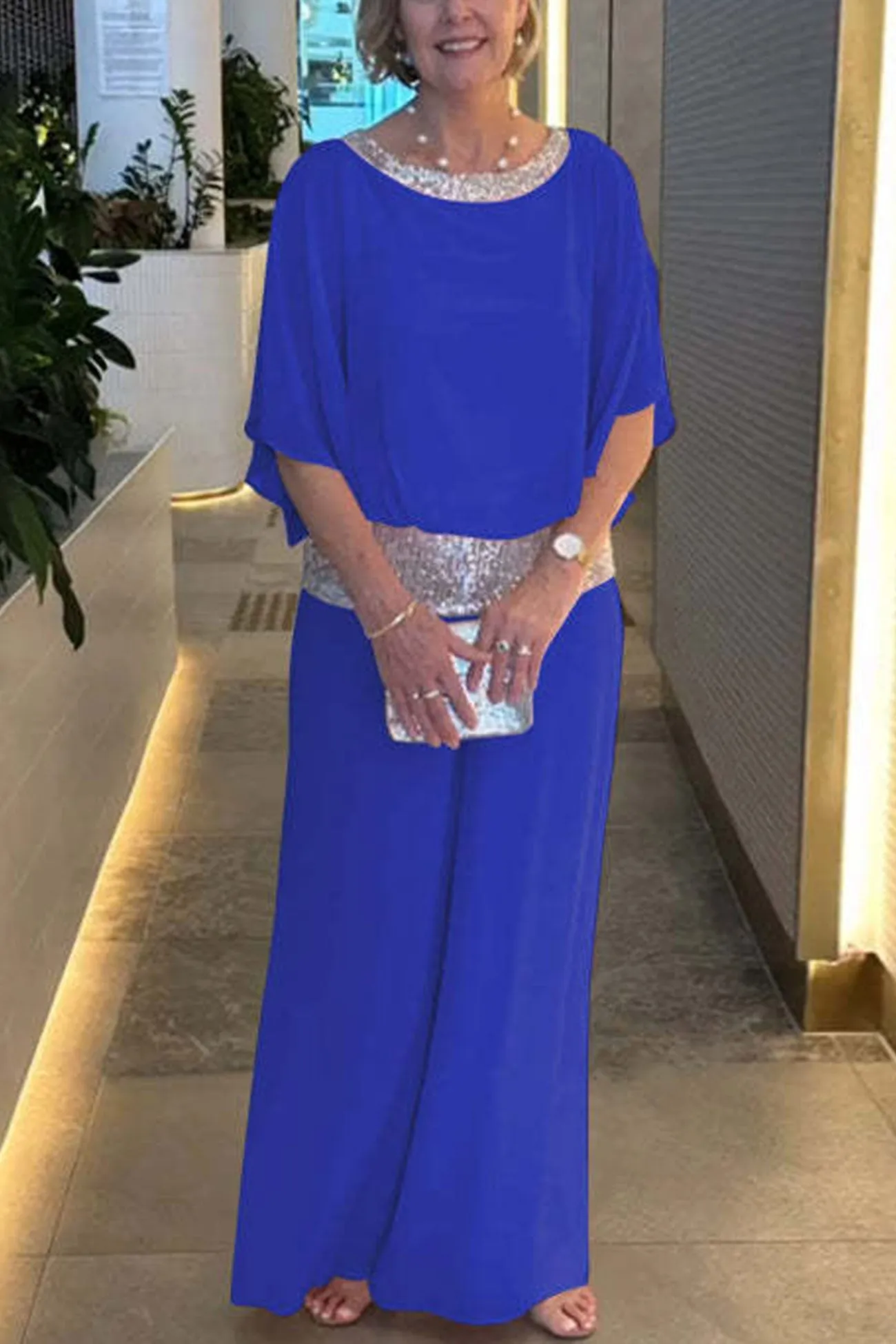 Sequins Patchwork Bat Sleeve Tops Pants Suits