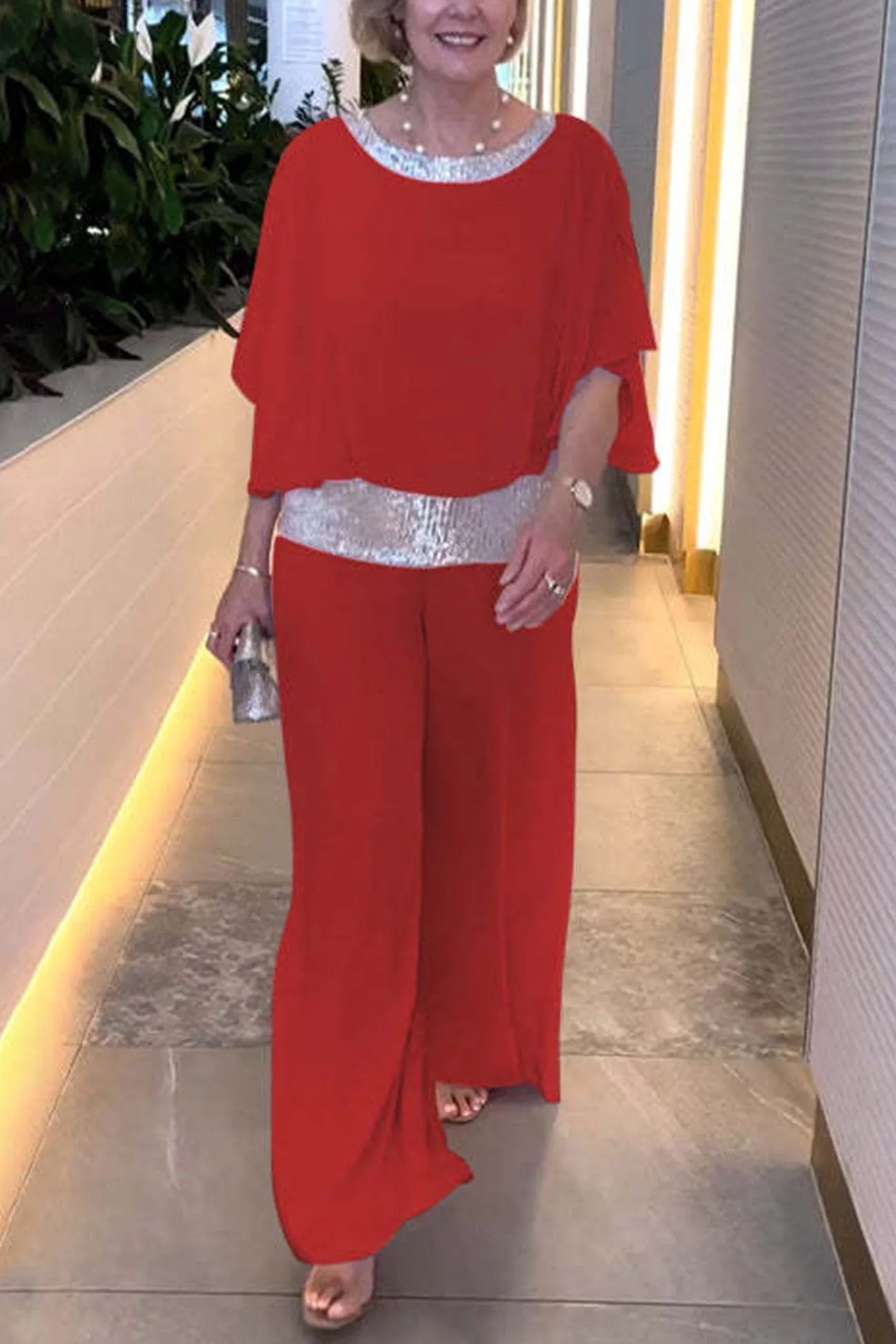 Sequins Patchwork Bat Sleeve Tops Pants Suits