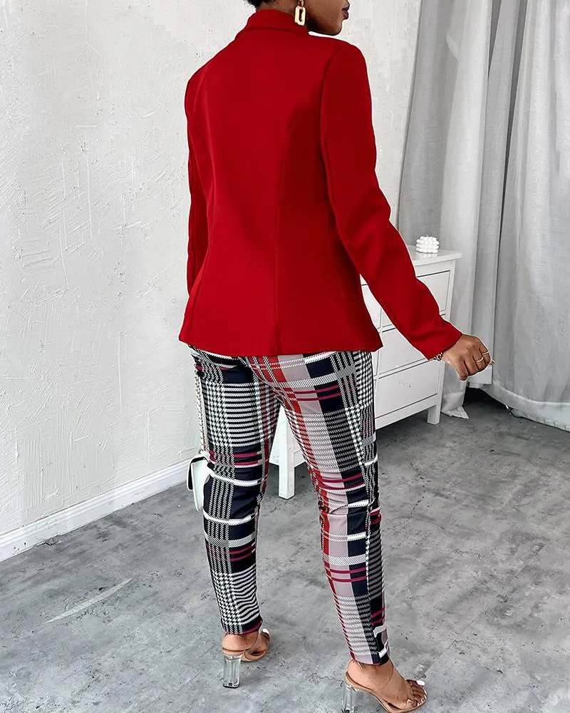 Shawl Collar Single Button Blazer & Plaid Pants Set