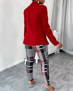 Shawl Collar Single Button Blazer & Plaid Pants Set