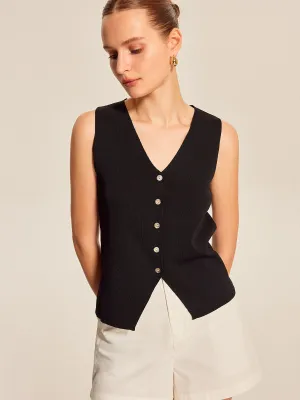 Sleeveless Ribbed Knit Button-Up Top