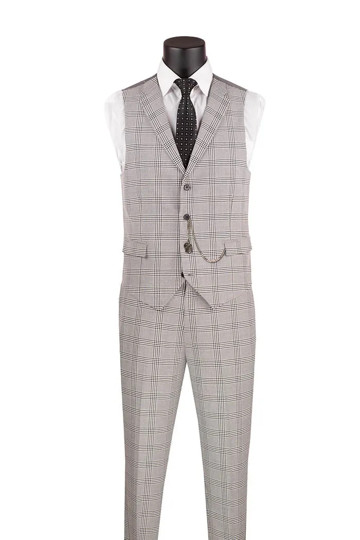 Slim Fit Suit Windowpane 3 Piece with Vest Gray SV2W-6