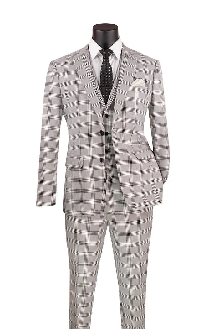 Slim Fit Suit Windowpane 3 Piece with Vest Gray SV2W-6