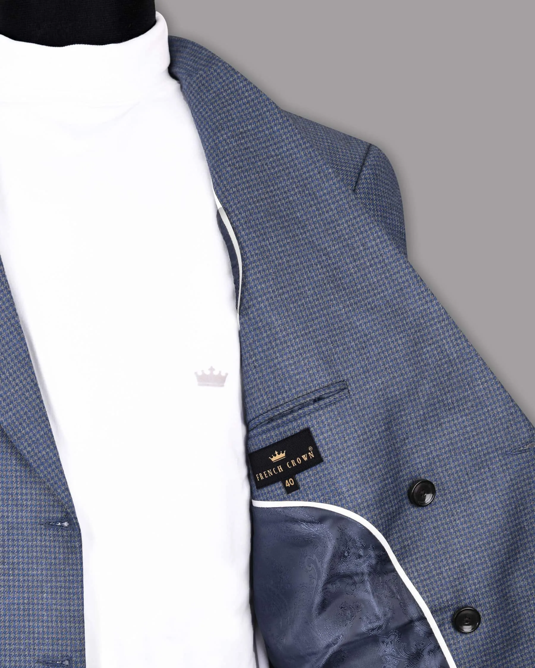 Soya Bean Grey with Rhino Blue Woolrich Herringbone Checked Double Breasted Sports Blazer