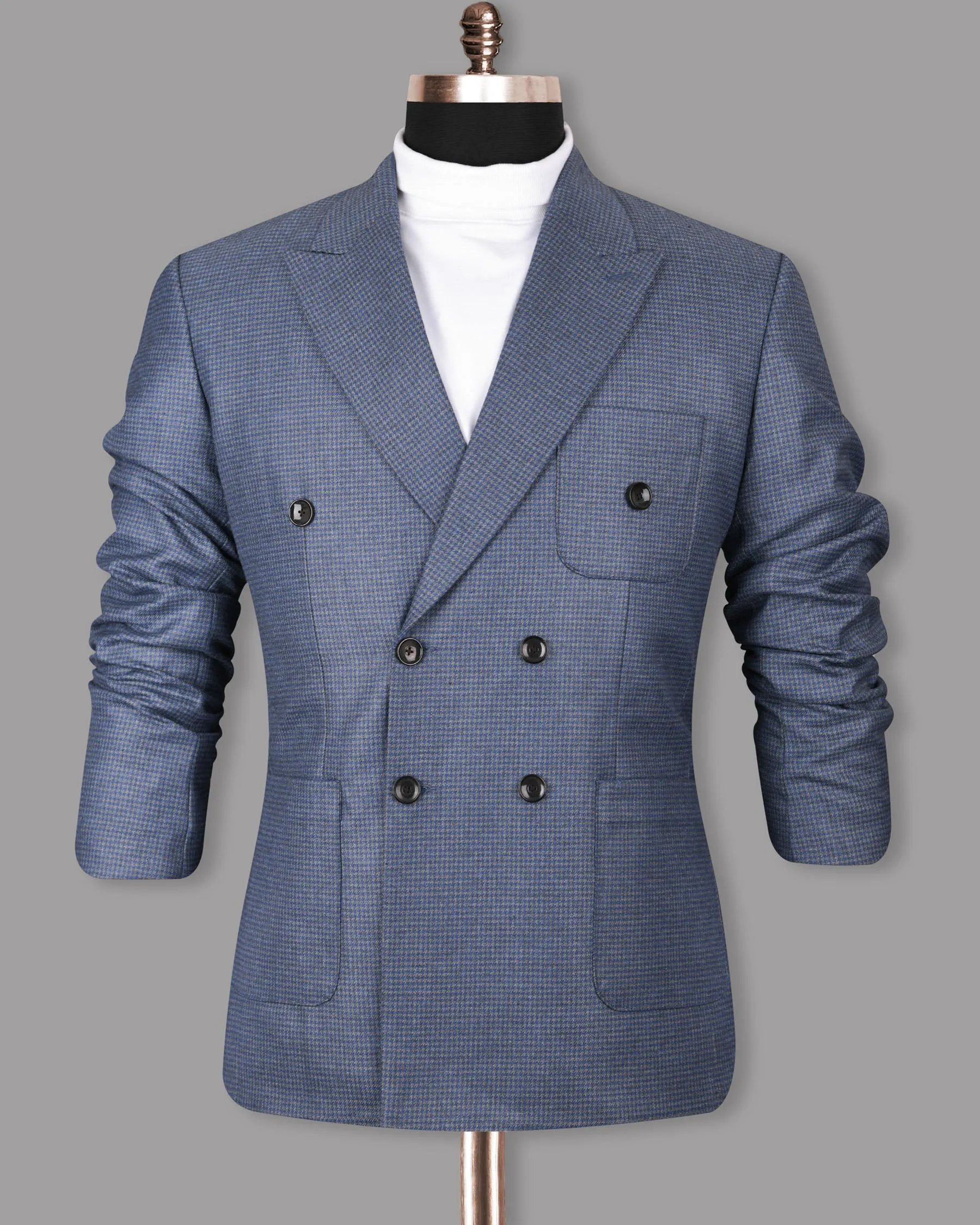 Soya Bean Grey with Rhino Blue Woolrich Herringbone Checked Double Breasted Sports Blazer
