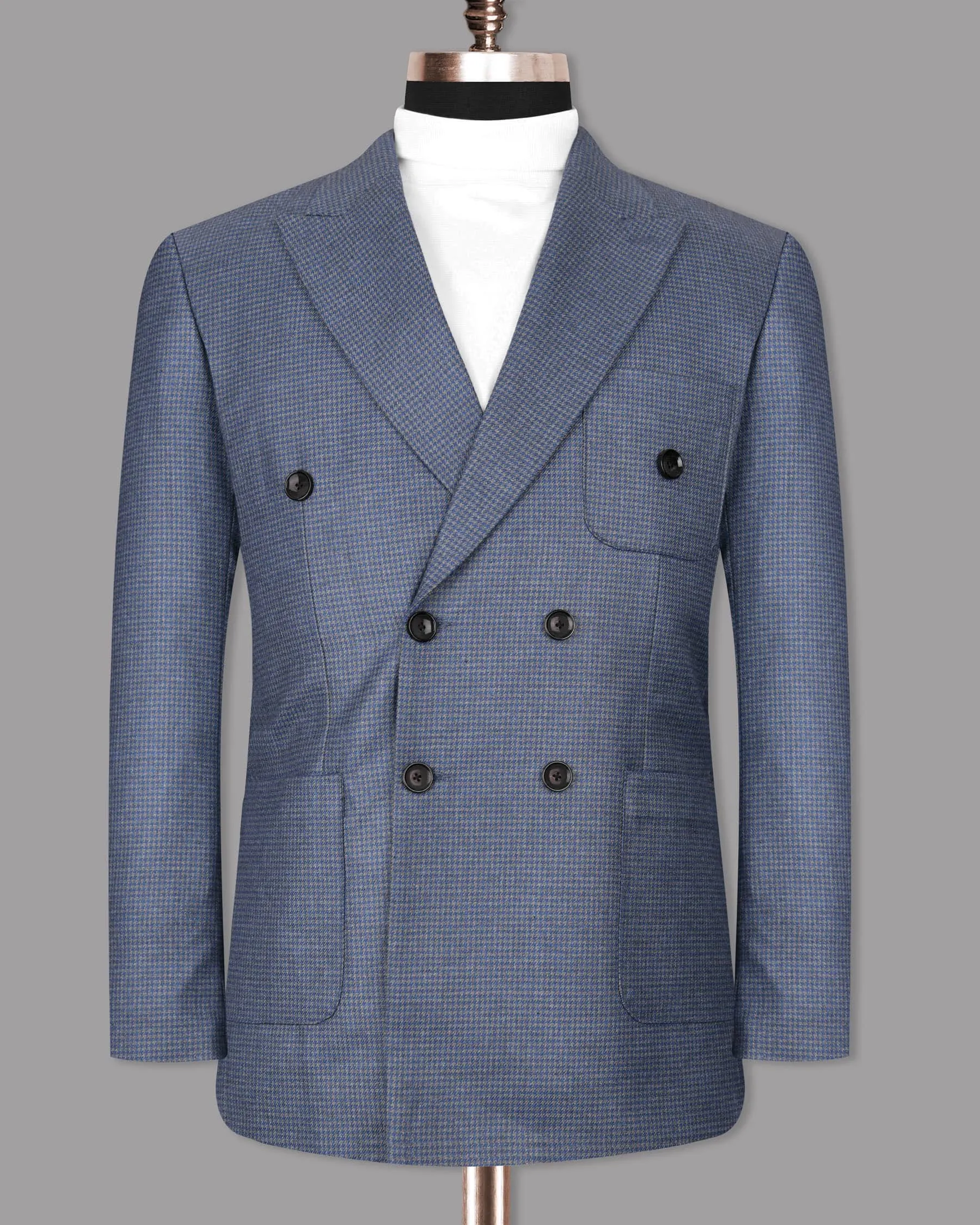 Soya Bean Grey with Rhino Blue Woolrich Herringbone Checked Double Breasted Sports Blazer