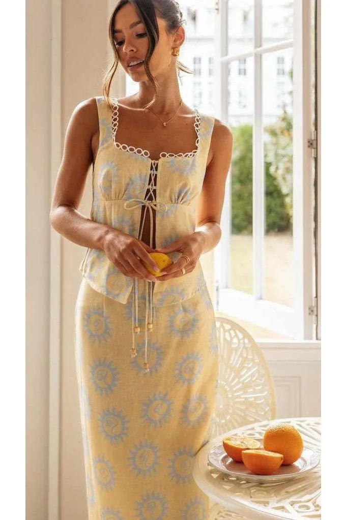 Square Collar Top Printed Long 2 piece dress