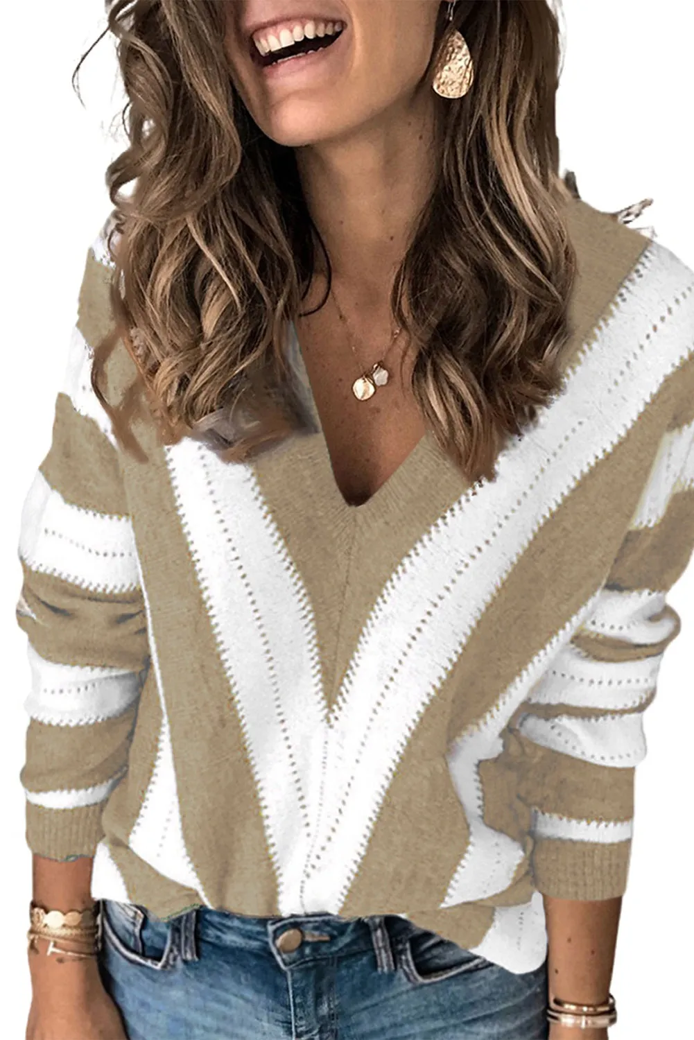 Striped Colorblock V Neck Knitted Sweater