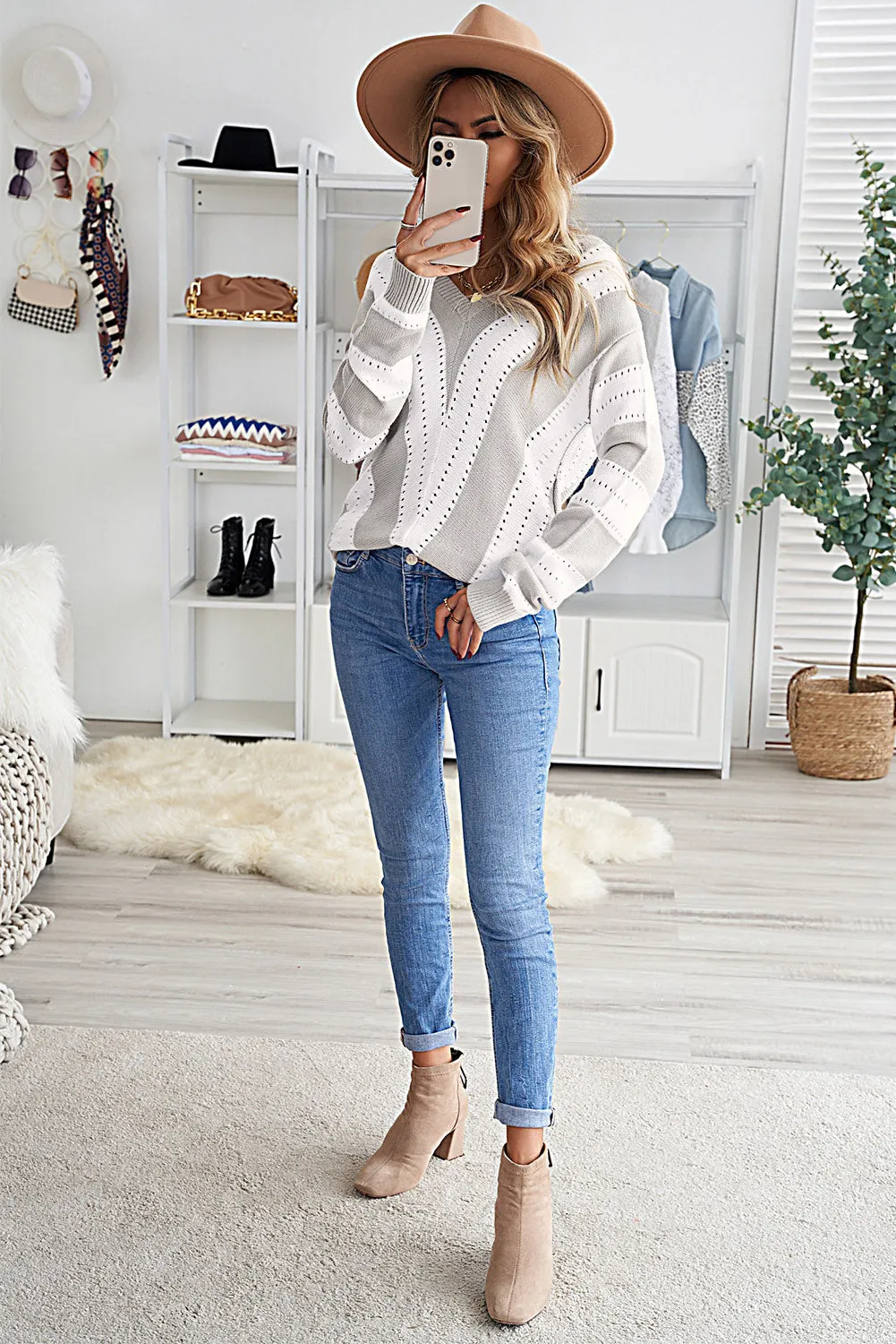 Striped Colorblock V Neck Knitted Sweater