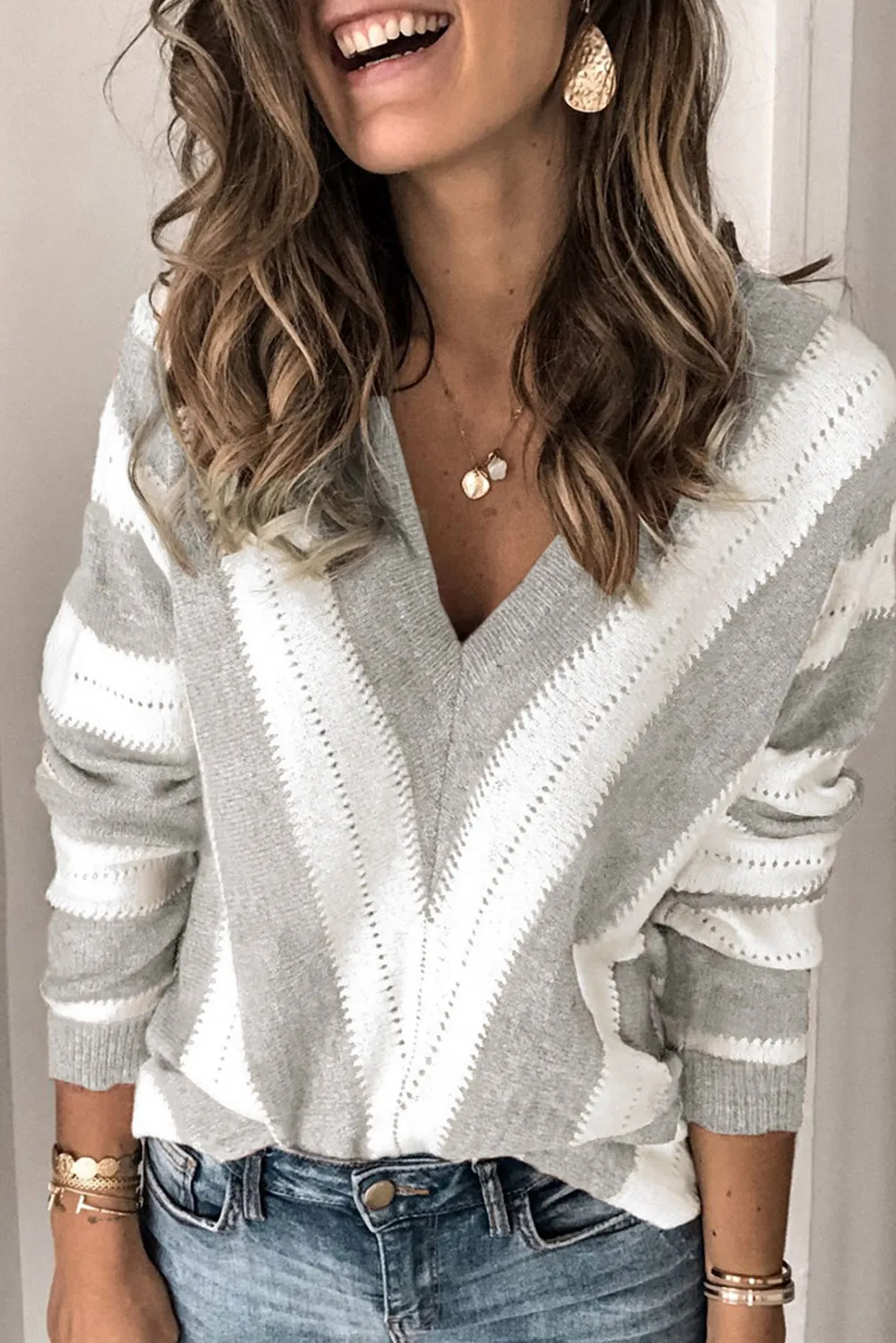 Striped Colorblock V Neck Knitted Sweater