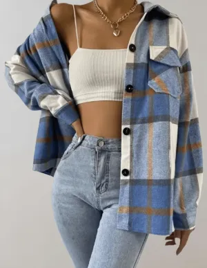 Stylish oversized blue checked ladies' jacket
