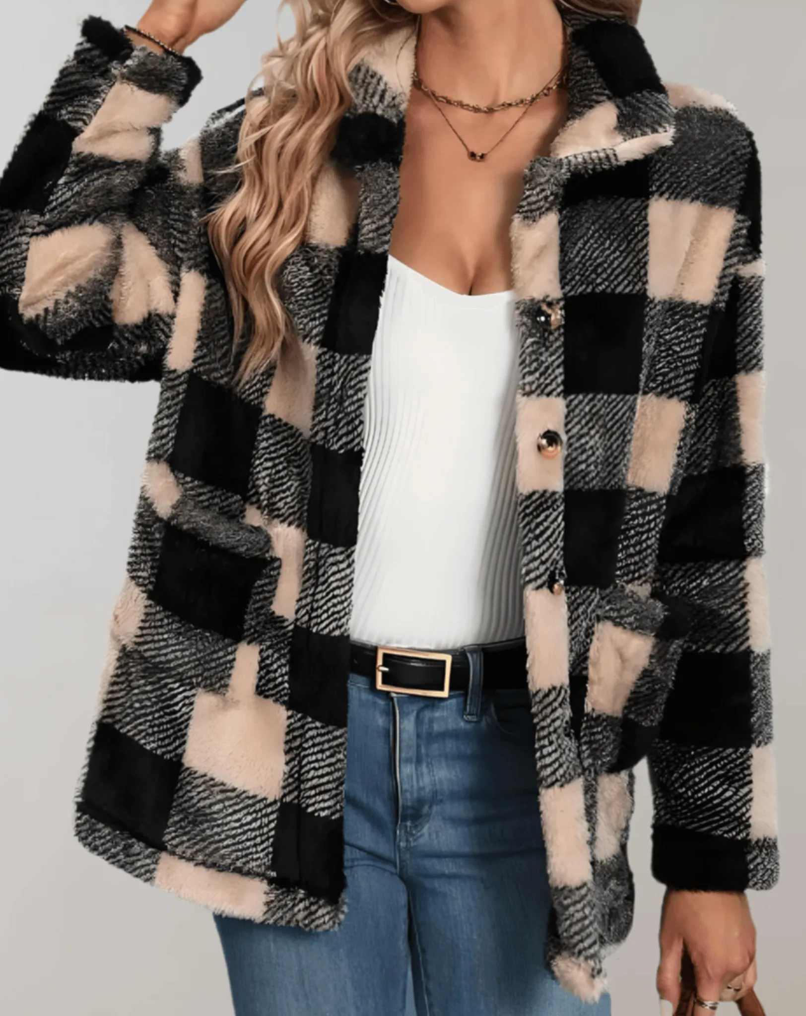 Teddy Fleece Plush Full Sleeve Checked Women's Jacket