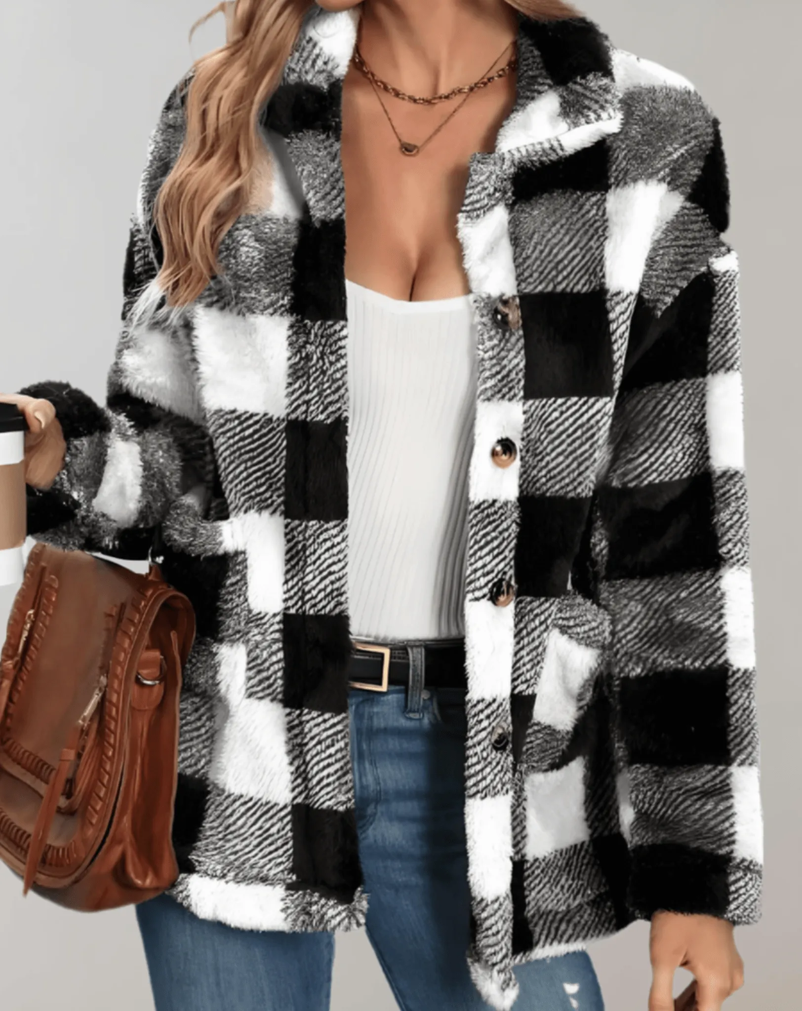 Teddy Fleece Plush Full Sleeve Checked Women's Jacket