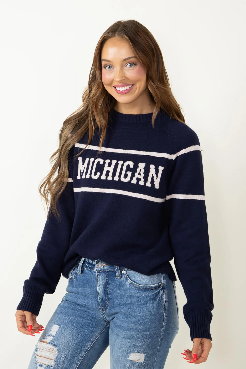 Thread & Supply Michigan Varsity Lettering Sweater for Women in Navy | T2346SWTS