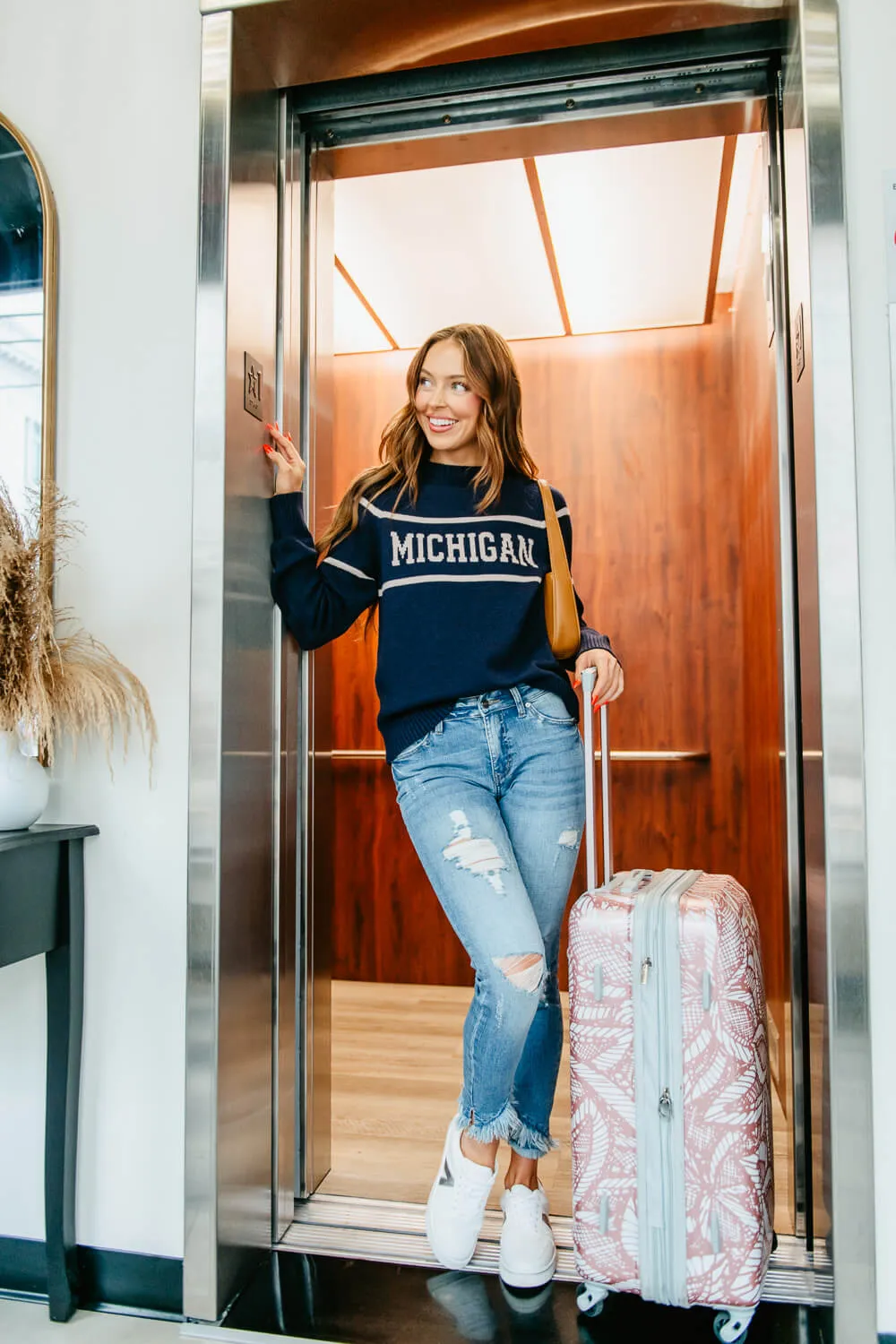 Thread & Supply Michigan Varsity Lettering Sweater for Women in Navy | T2346SWTS