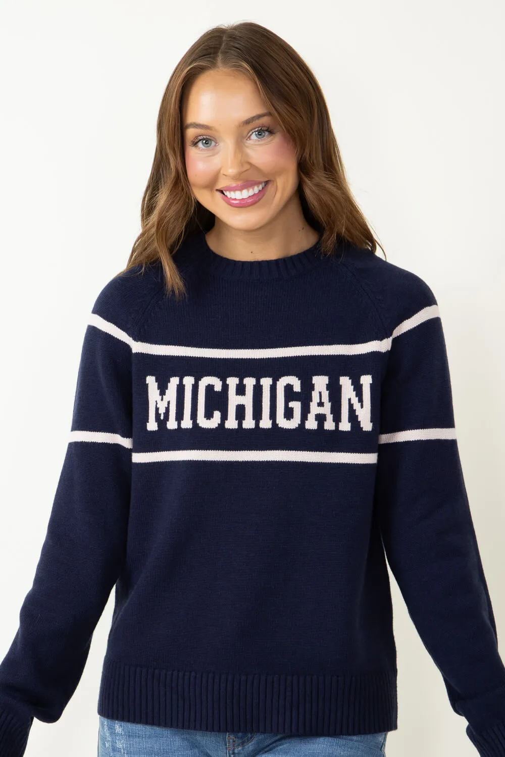 Thread & Supply Michigan Varsity Lettering Sweater for Women in Navy | T2346SWTS