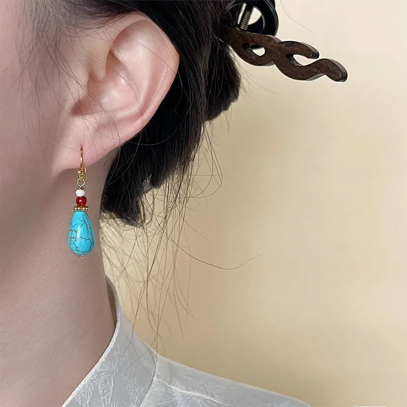 Tibetan Style Turquoise Earrings Artistic Retro Ethnic Style Ear Hook New Chinese Style Earrings