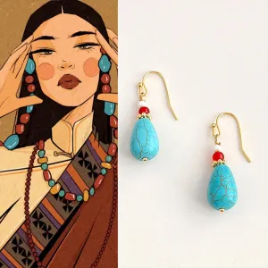 Tibetan Style Turquoise Earrings Artistic Retro Ethnic Style Ear Hook New Chinese Style Earrings