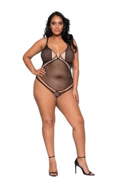 Two-Tone Multi Cross Bodysuit - Black/Nude -
