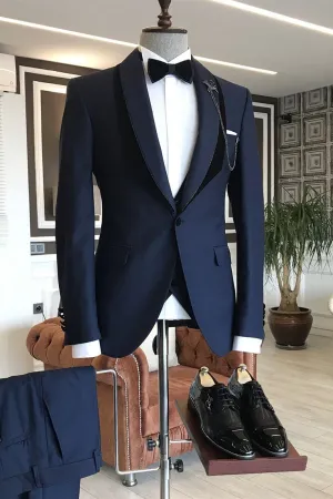 Unique Navy Blue Shawl Lapel With One Button Wedding Suit