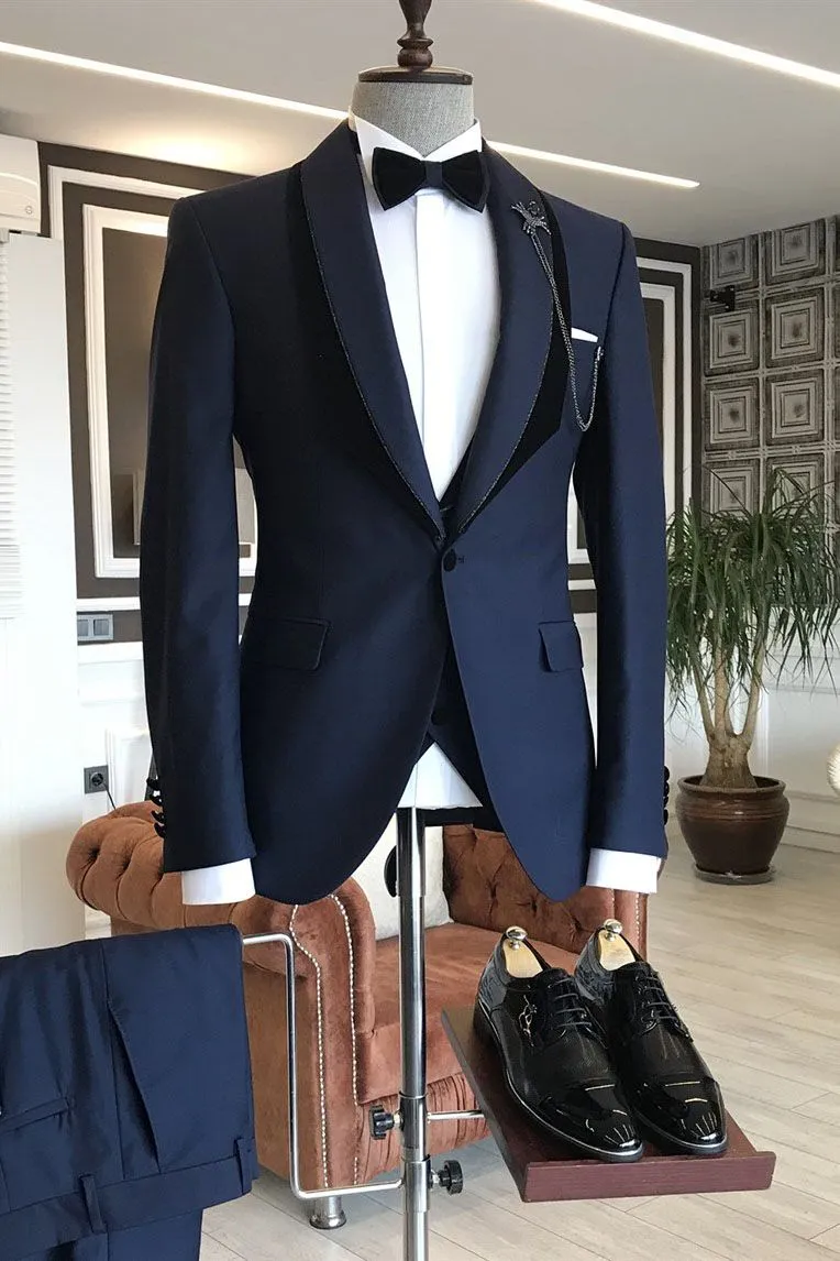 Unique Navy Blue Shawl Lapel With One Button Wedding Suit