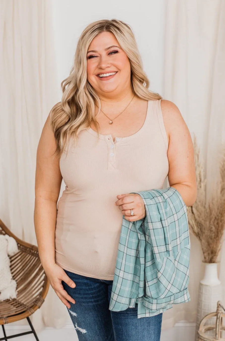 Uplifting Spirits Button Henley Tank Top- Beige
