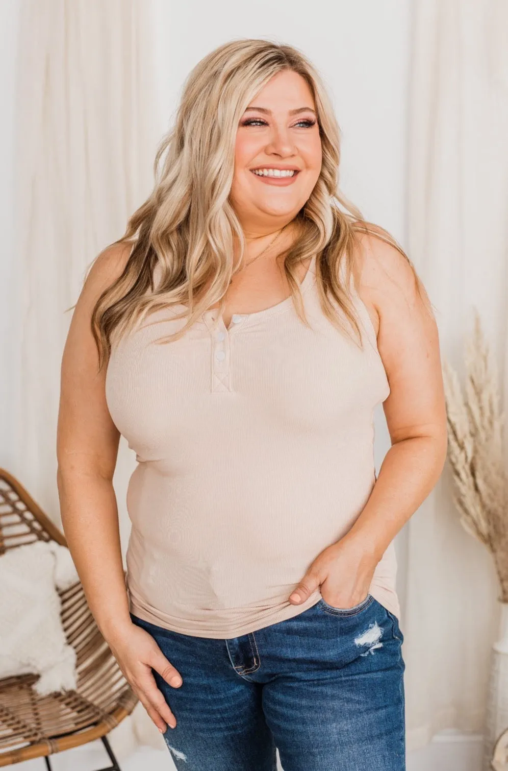 Uplifting Spirits Button Henley Tank Top- Beige