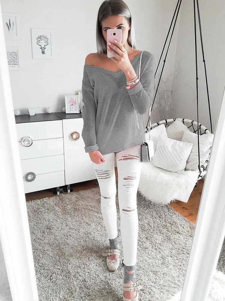 V Neck Knitted Casual Pullover Sweater