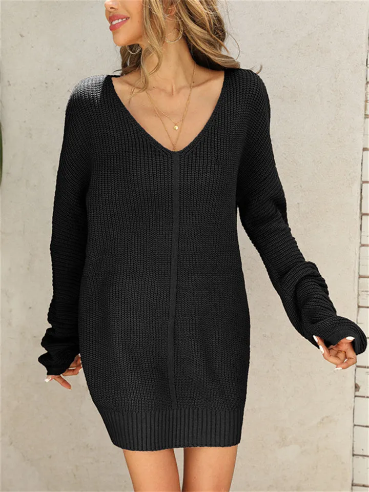 V-neck Solid Color Temperament Commuting Medium Long Knitting Sweater