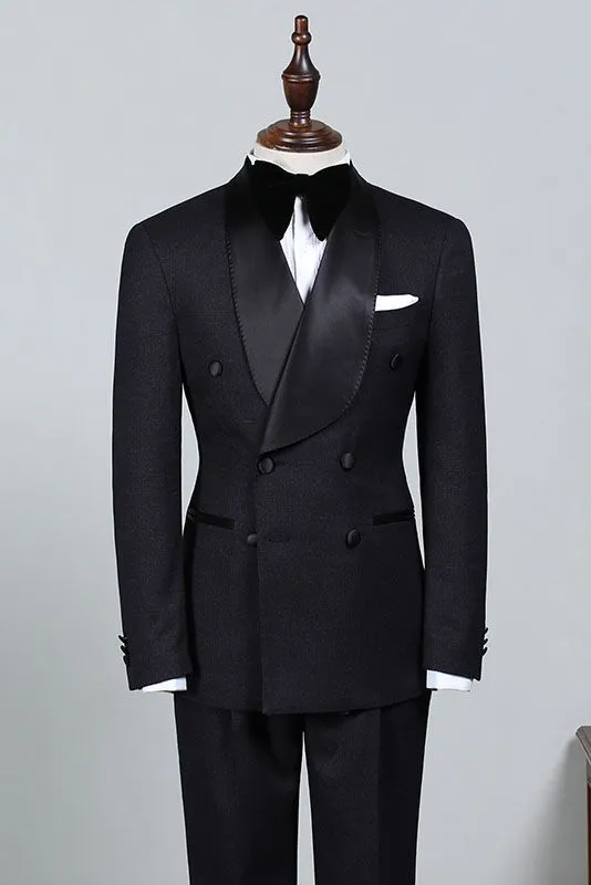 Well-cut All Black Double Breasted Bespoke Wedding Suit For Grooms