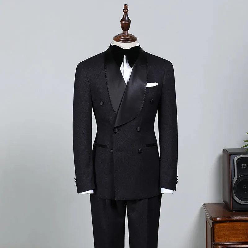 Well-cut All Black Double Breasted Bespoke Wedding Suit For Grooms