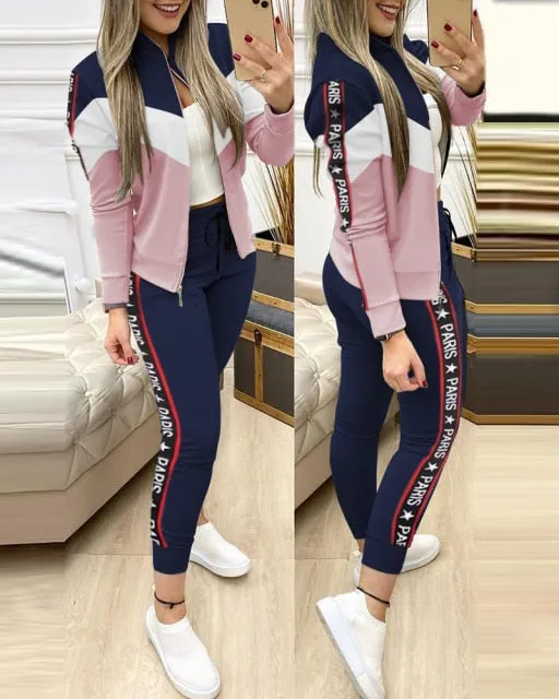 Woman 2 Pieces Trouser Suits Zipper Jacket Pants Tracksuit