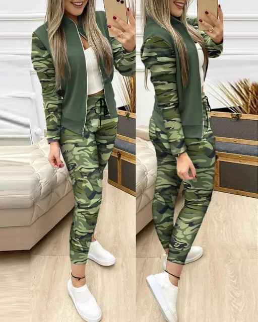 Woman 2 Pieces Trouser Suits Zipper Jacket Pants Tracksuit