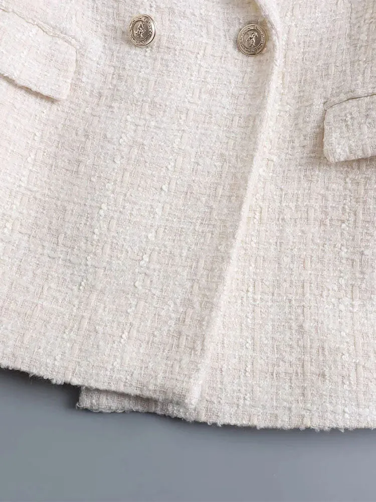 Women Jacket Double Breasted Tweed Blazer Coat
