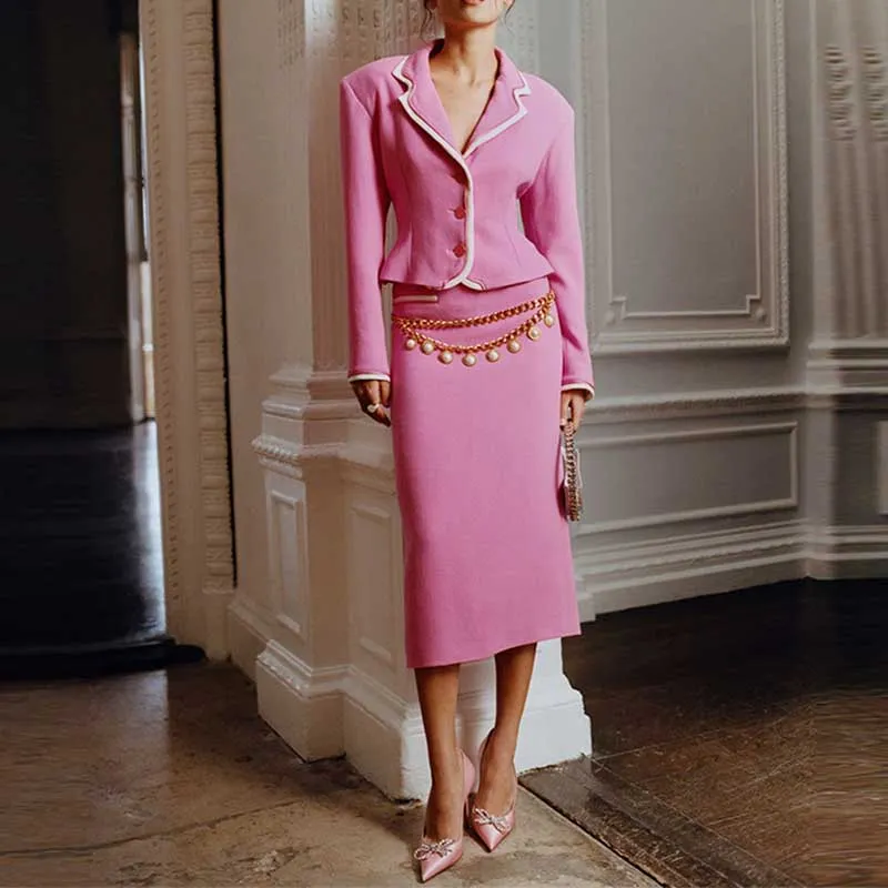 Women's Contrast Detail Short Crepe Blazer Jacket Midi Skirt Suit