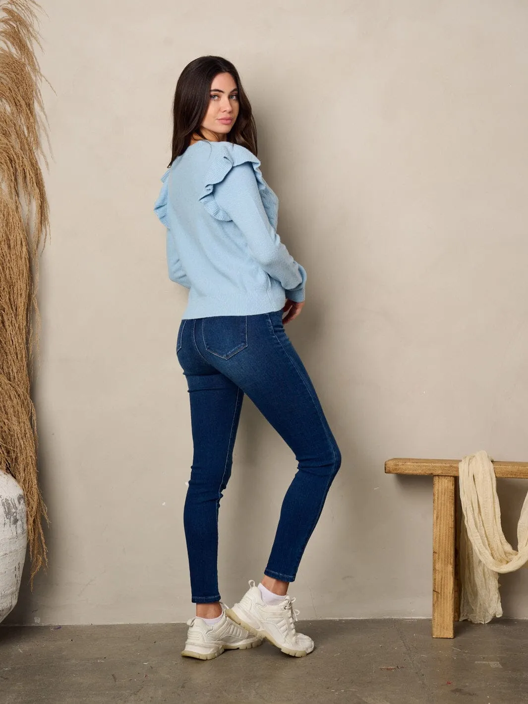 WOMEN'S LONG RUFFLE SLEEVE BUTTON UP CARDIGAN