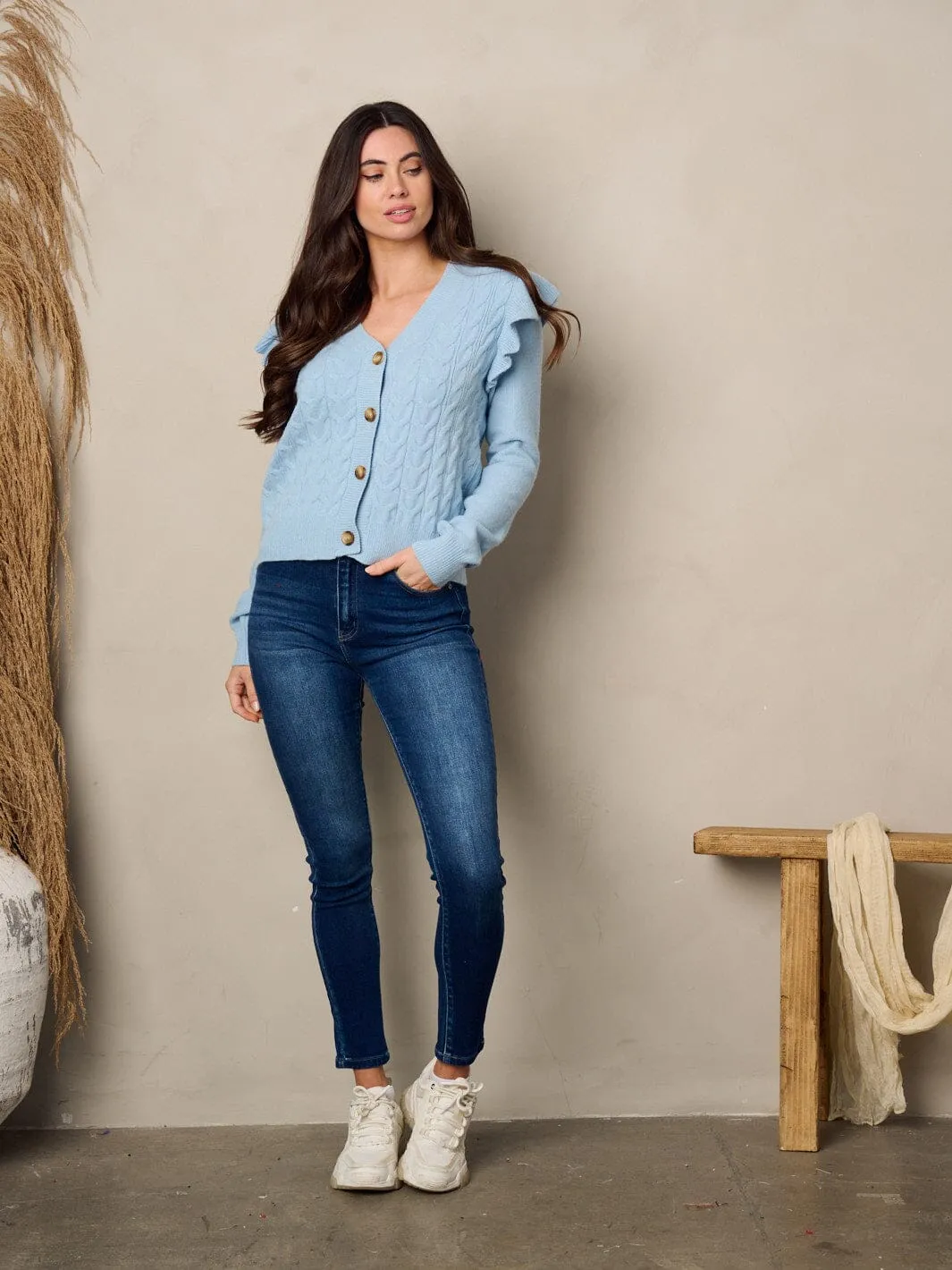 WOMEN'S LONG RUFFLE SLEEVE BUTTON UP CARDIGAN