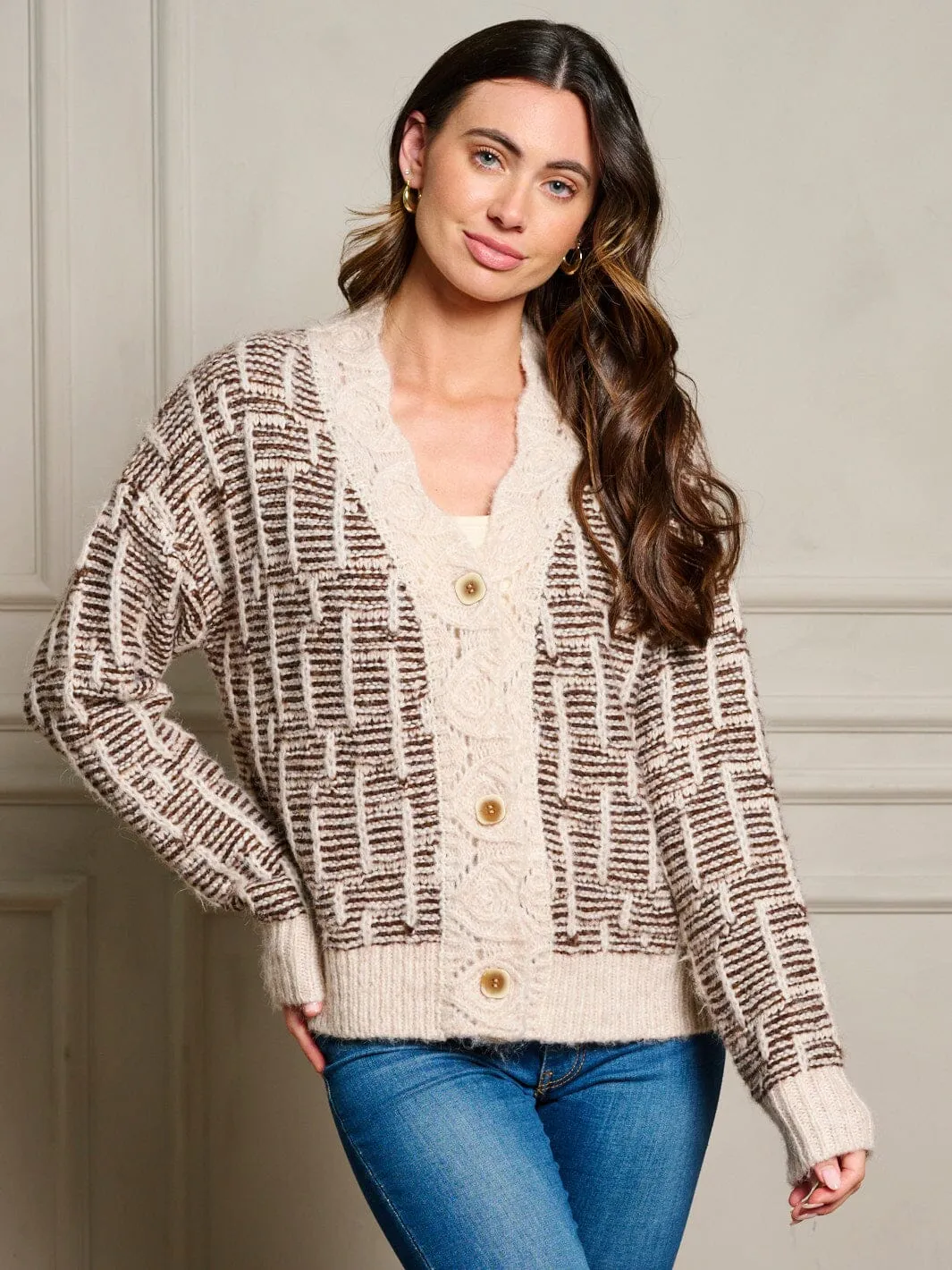 WOMEN'S LONG SLEEVE BUTTON UP COLORBLOCK SWEATER CARDIGAN