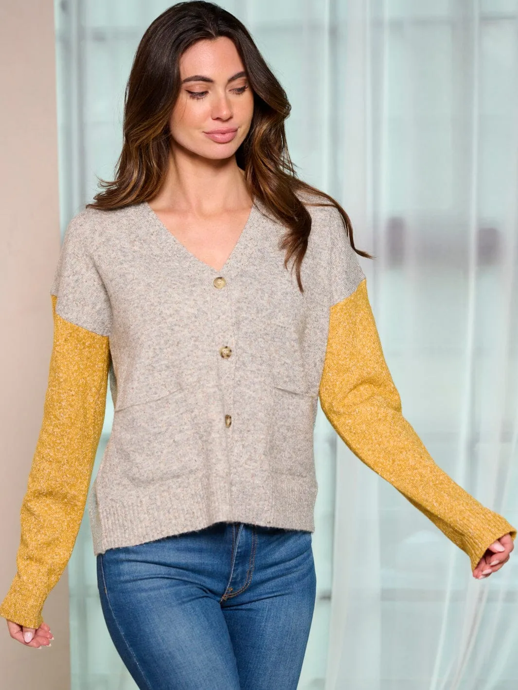 WOMEN'S LONG SLEEVE BUTTON UP COLORBLOCK SWEATER CARDIGAN